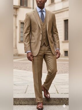 Sergio Martini 3-Piece Suit Men’s 58L/52 Tan Classic Formal Tetron Silk